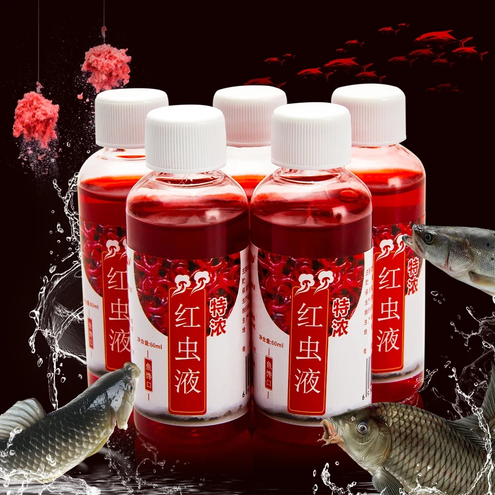 Compre más y obtenga 60ml de líquido de gusano rojo de pescado de agua dulce, fuerte atrayente, cebo concentrado y accesorios de pesca