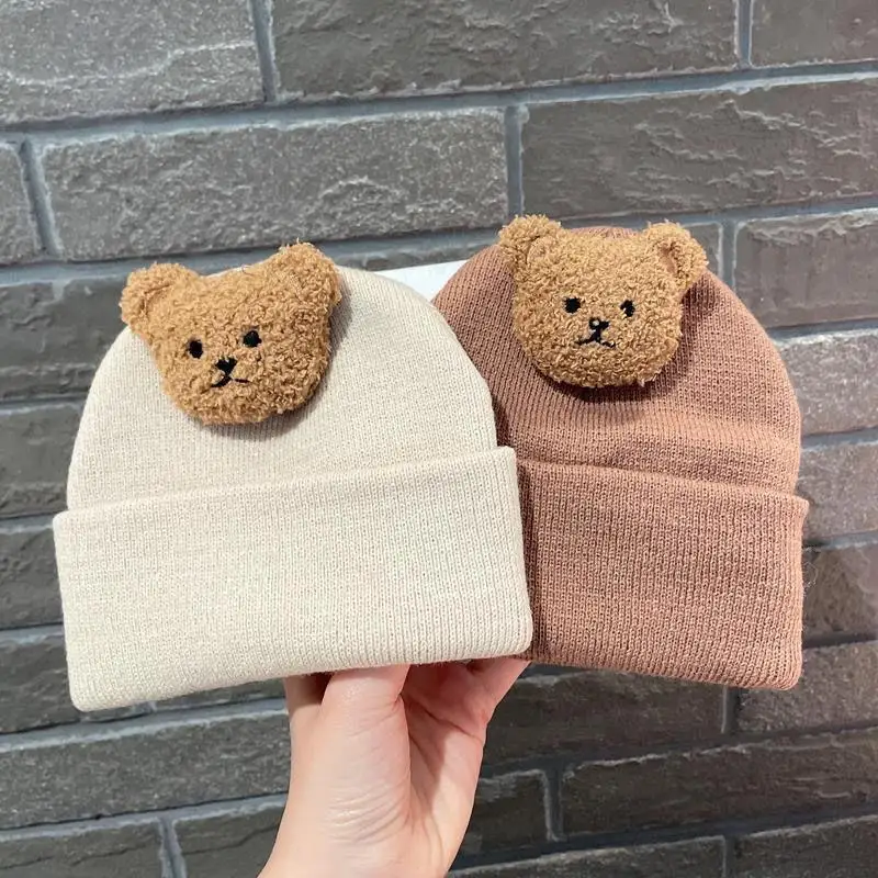 Korean Baby Autumn Winter Hat Cute Bear Knitted Warm Newborn Cap Infant Beanie Solid Color Baby Girl Boy Soft Crochet Hats