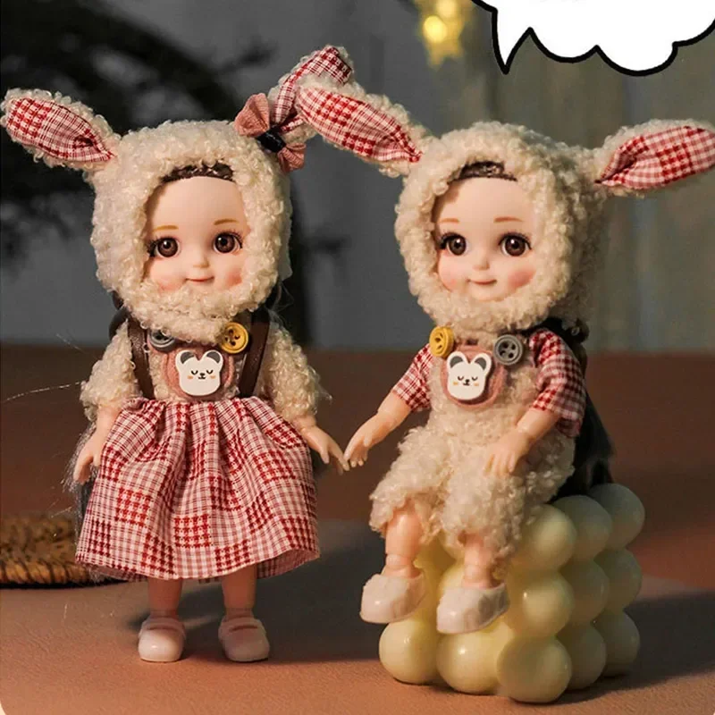 Bjd Doll 16CM 13 Movable Joints Cute Smile Face Shape and Bunny Ears Clothes Suit Toy Best Gift for Kids