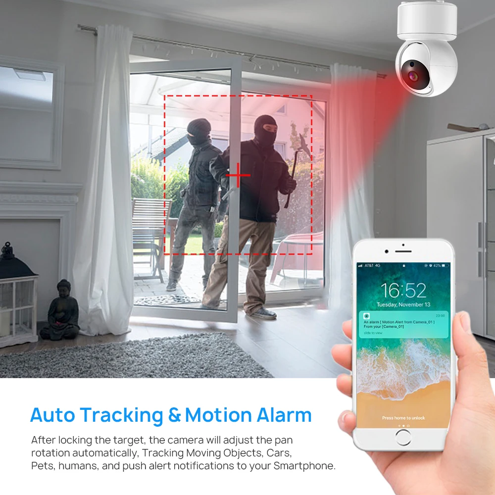 3MP 2K WIFI Camera Mini PTZ IP Camera Auto Tracking Two-Way Audio Motion Detection ICsee Home Security Camera Baby Monitor