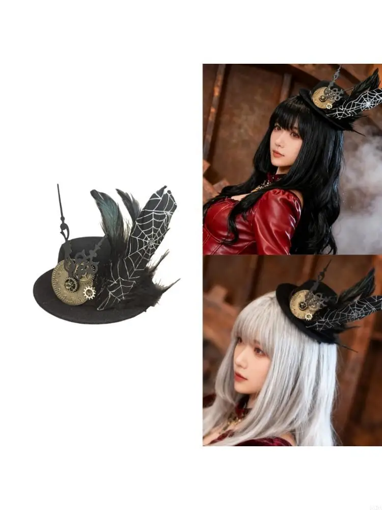 Steampunk Headpiece Lightweight Nonwoven Fabric Base with Metallic Spiderweb Detailing Special Event Hair Clip 6XDA