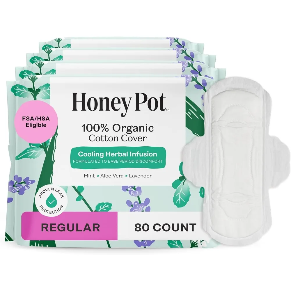 

80 Herbal Sanitary Pads Regular Flow with Wings Cooling Essential Oils Organic Cotton Cover Feminine Care