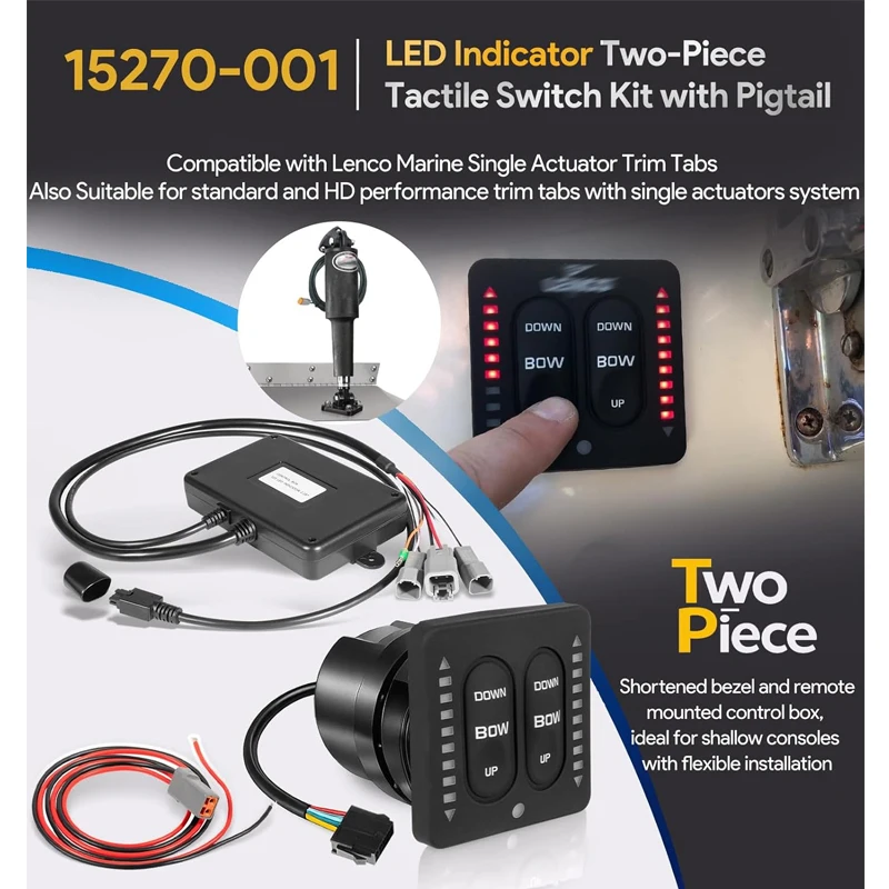 LED Indicator Two-Piece Tactile Trim Tab Switch Kit #15270-001 w/Pigtail - For Lenco Single Actuator Trim Tab Systems 12V/24V