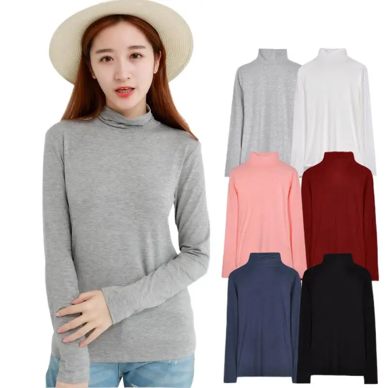 

Women 2025 Autumn Turtleneck Long Sleeve T-Shirt Simple Solid Color Knitted Top Brand Cotton Basic Shirts High Elasticity Tops