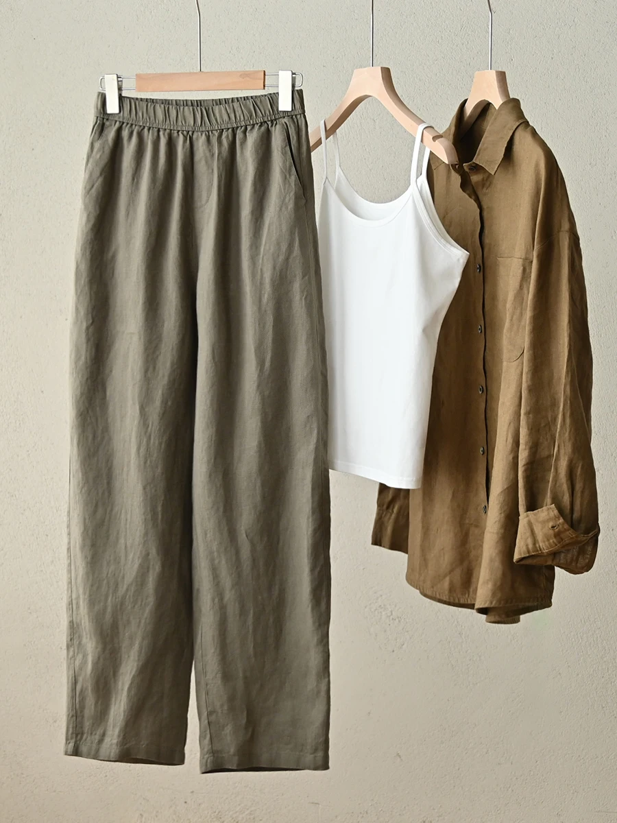 

Waed Full-Linen Wide-Leg Pants Straight-Cut Slimming Ladies' Casual Trousers l Waist Summer-Fall Faion Ladies' Wear