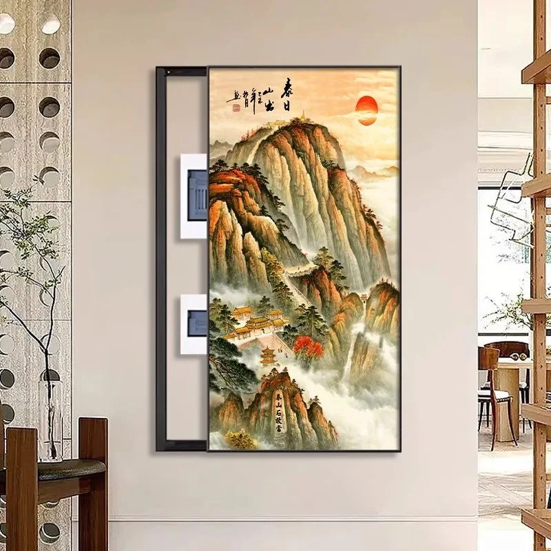 New Chinese landscape painting large sized electric meter box decoration painting push-pull distribution box electric decoration