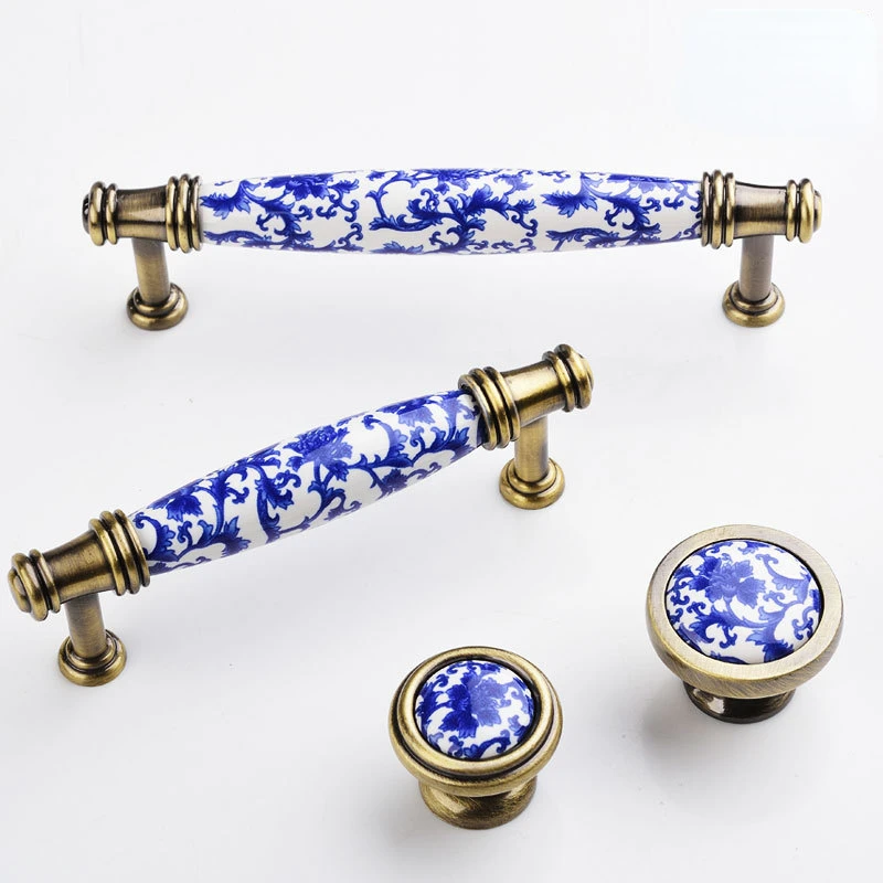 Blue and White Porcelain Ceramic Kitchen Cabinets Handles Solid Single Hole Drawers Knob Zinc Alloy Wardrobes Door Pulls Handles