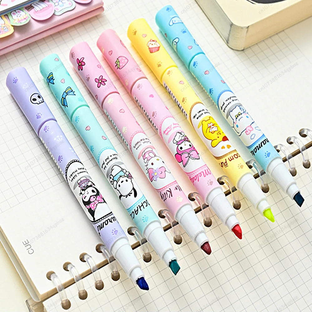 6Pcs MINISO Hello Kitty Highlighter Pen Set Kawaii Kuromi Melody Cinnamoroll Art Fluorescent Markers Pens School Office Statione