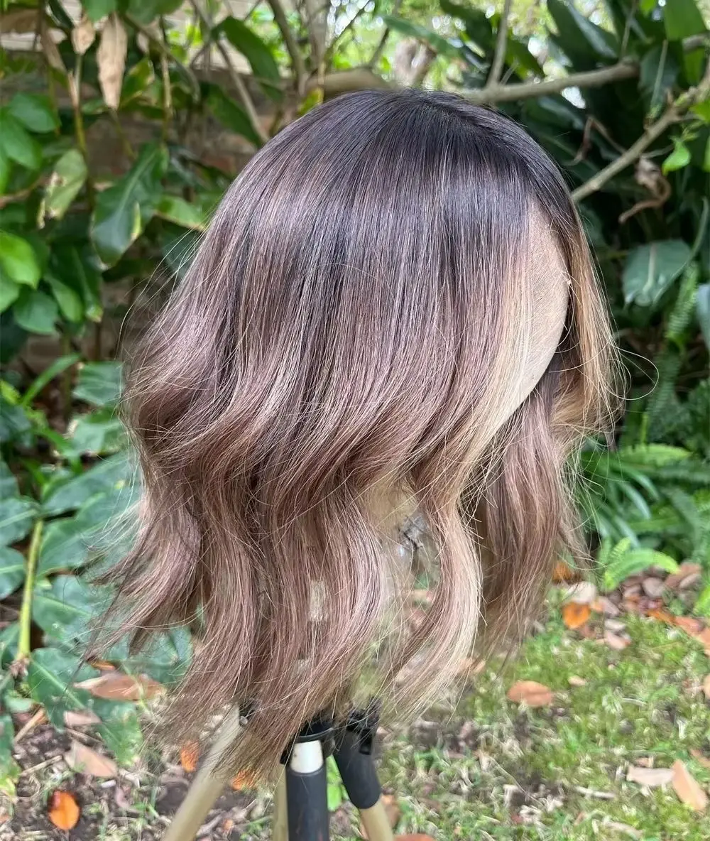 

Chestnut Brown Highlights Ombre Balayage Short Bob Synthetic And Blend Lace Wig Middle Part Realistic Body Wave Wig Elastic Hair