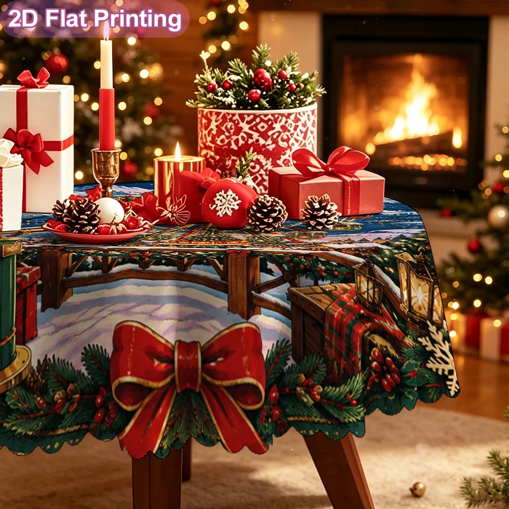 2D flat, round tablecloth, Christmas Ferris wheel winter print desktop decoration, kitchen and dining room decoration