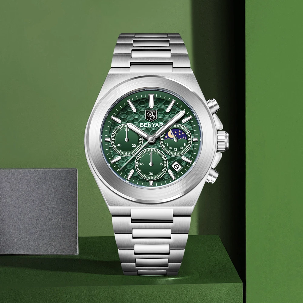 

Новинка 2022, мужские часы BENYAR, лучший бренд, роскошный хронограф, кварцевые часы для мужчин, водонепроницаемые светящиеся часы с фазой Луны, мужские подарочные часы