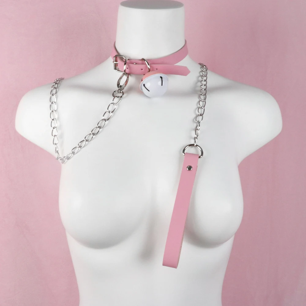 Slave Bed Bondage Pink Collar PU leather Neck Restraint with Chain Leash BDSM Erotic Sex Toys For Women Couples Adult Games