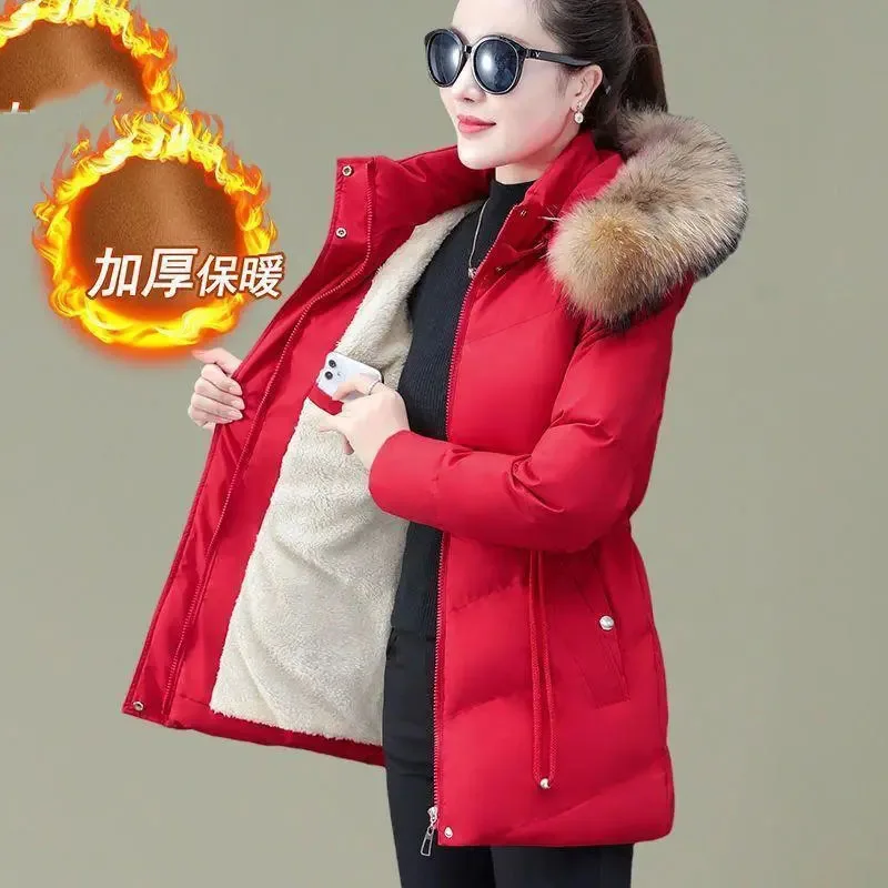 Overcoat Parka Down Cotton-Padded Jacket  Medium Long Winter Coat Add Velvet Cotton-Padded Jacket Fashion Ladies Outerwear