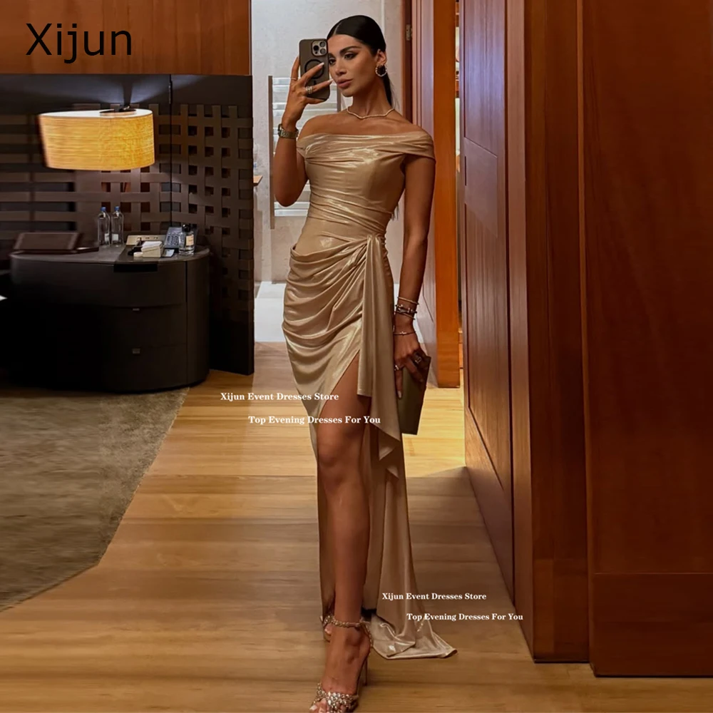 

Xijun SexyChampagne Mermaid Evening Dresses Off The Shoulder Split Modern Prom Dresses Pleated Formal Occasion Prom Gowns Custom