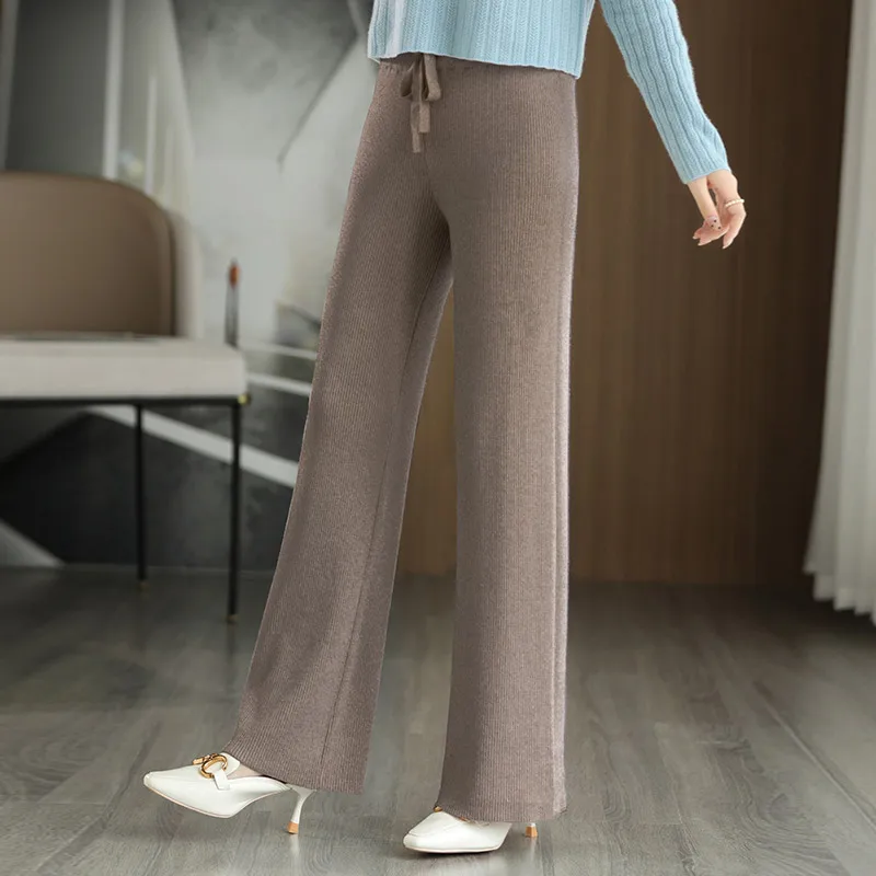 Autumn Winter Women's Merino Wool Knitted Pants Office Lady Simple High Waist Straights Trousers Cashmere Wool Thick Knitwear