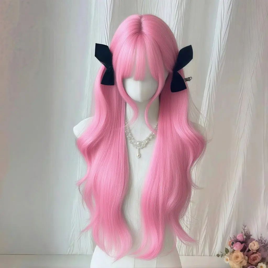 Pink Curly Lolita Wig - Natural Big Wave Cosplay Hairpiece with Straight Bangs, Fluffy Full Cap Synthetic Wig for Anime Girls