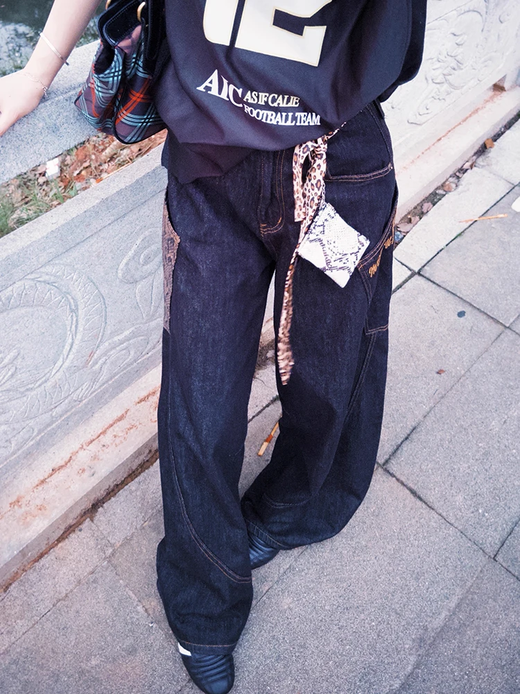 

2025 Black Patchwork Jeans Fashion Streetwear Denim Pants Men Women Wide Leg Straight Jeans Vintage Hiphop High Street Trousers