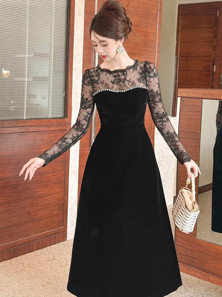 Women's French Elegant Evening Party Dresses  Sheer Lace Black Diamonds Pocket Swing Robe Female Party Banquet Vestidos