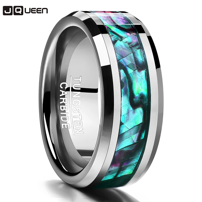 Fine Jewelry 8MM Inlaid Abalone Shell Beveled Steel Tungsten Carbide Ring Wedding Jewelry Valentine Gift