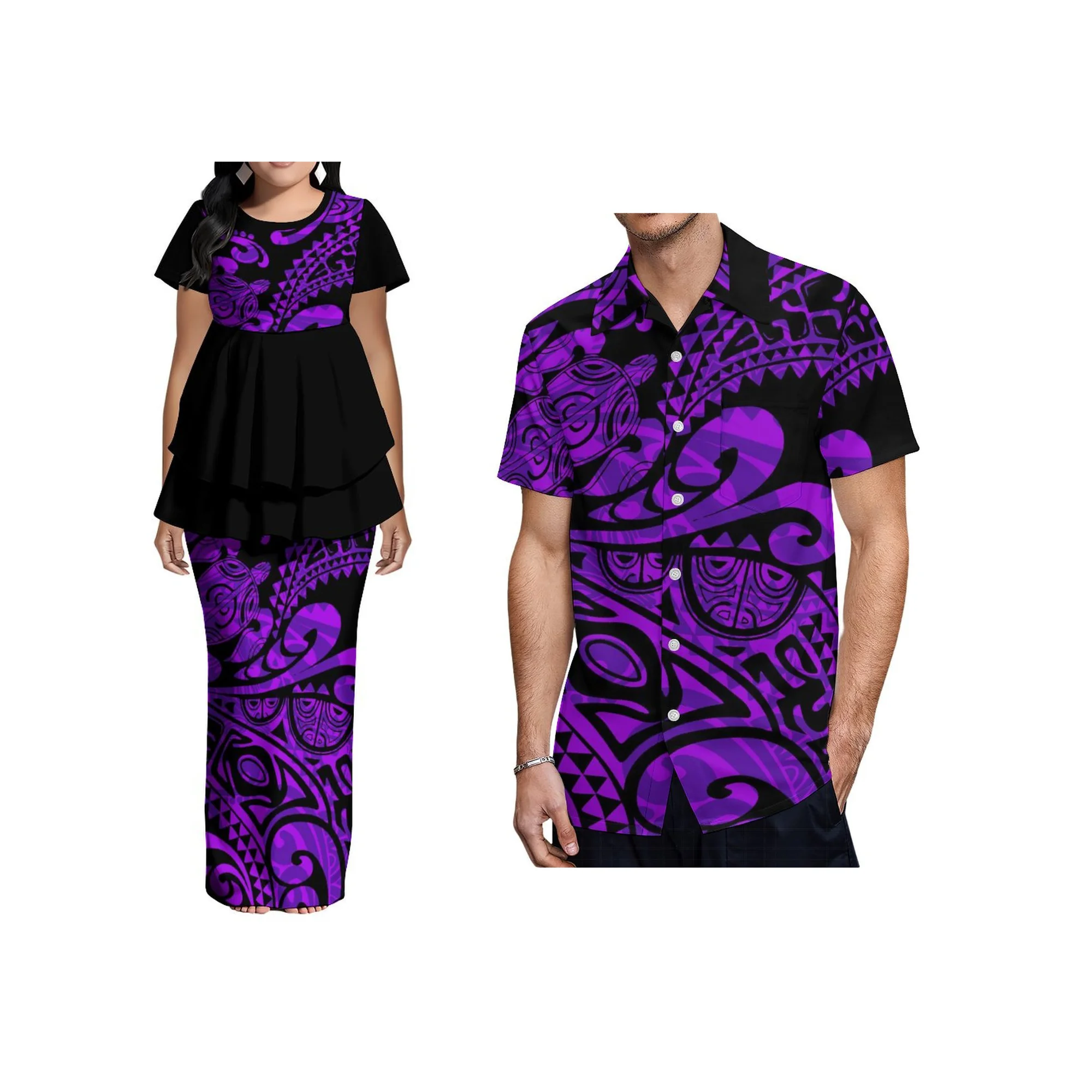 Robe de soirée pour femmes à manches courtes, design artistique des îles du Pacifique, grande taille, imprimé samoan, Puletasi Ptaha, col rond, deux pièces