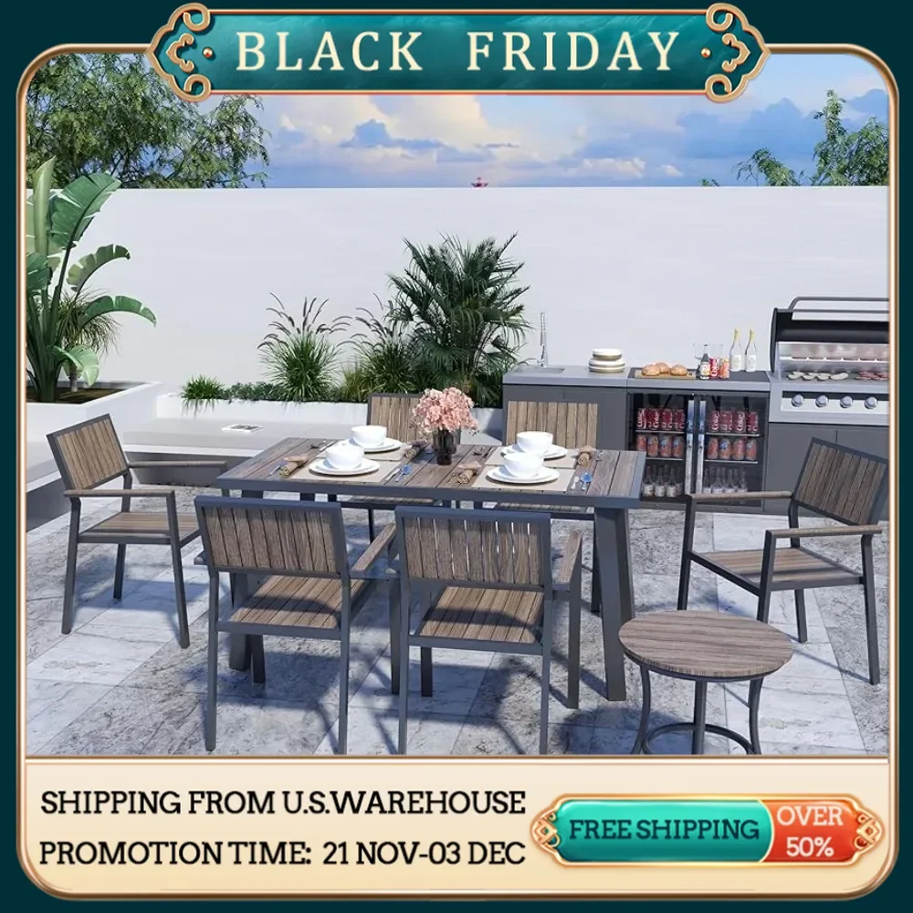 8-Piece Patio Dining Set，Outdoor Aluminum Furniture Set with Plastic-Wood Table,Outdoor Furniture Set with 6 Outdoor Furniture