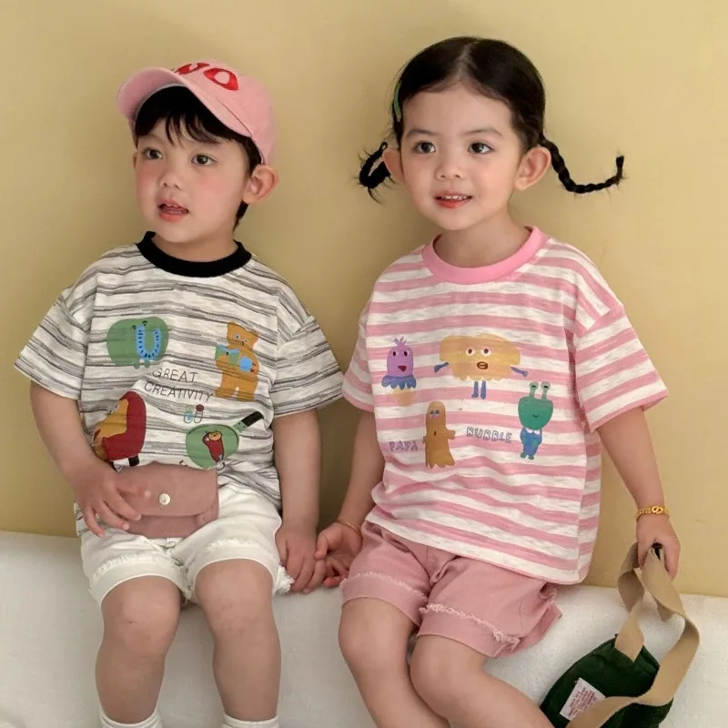 Kids T-shirts Summer 2026 Children's Bamboo Cotton Short-sleeved T-shirt Stripes Loose Boys Girls Tees Cartoon Toddler Outfits