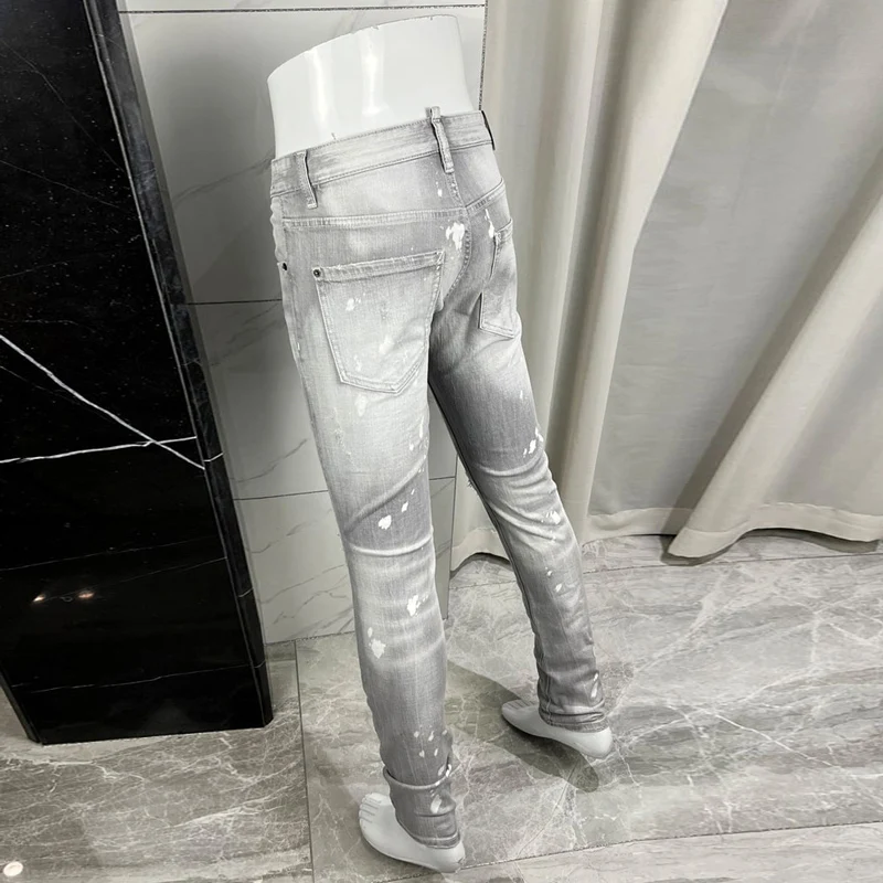 Designer Fashion New Men's Jeans Laundry Nostalgic Stretch Slimming Grey Jeans High Street Hip Hop Brand Pants Hombre