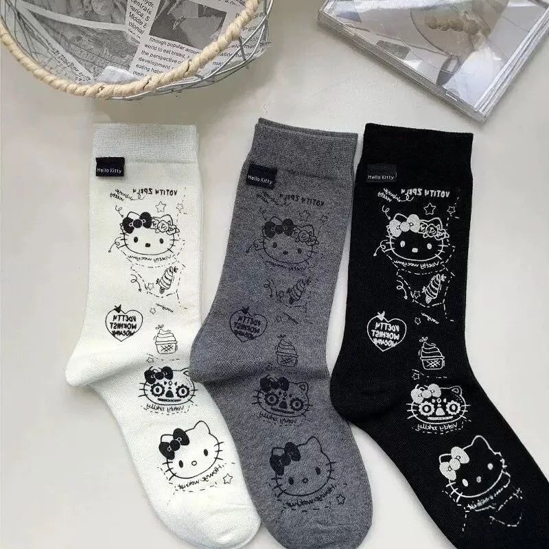 

3Pcs/set Hello Kitty cute cartoon socks for women style cotton mid calf socks trendy Soft and Comfortable Gift for Girl