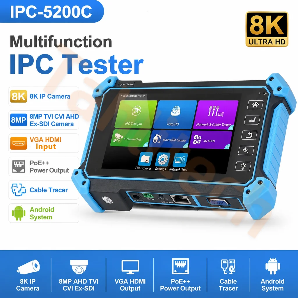 Camera Tester Monitor 8K IPC Test 8MP AHD TVI CVI Analog Tester PoE++ Output TDR Network Cable Fault Locator Security Test Tool