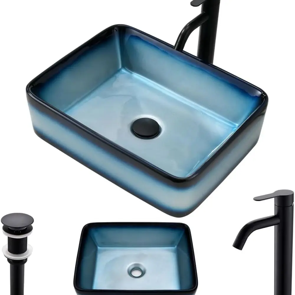 

15x19 Blue Gradient Ceramic Vessel Sink with Black Faucet, Artistic Porcelain Basin for Bathroom Vanity