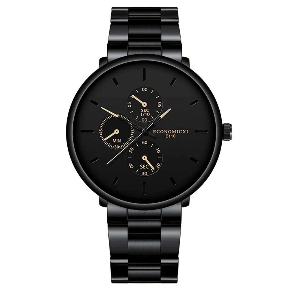 3Pcs Men\'s Casual Simple Business Three-eye Digital Pointer Steel Band Quartz Watch Fashion Luxury Necklace Bracelet Set