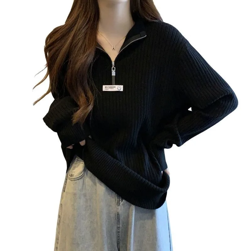Plus Size Zipper Spring Autumn Pullovers 2024 New Long-sleeved Knit Tops Loose Slim Lazy Wind Sweater Bottoming Shirt Knitwear