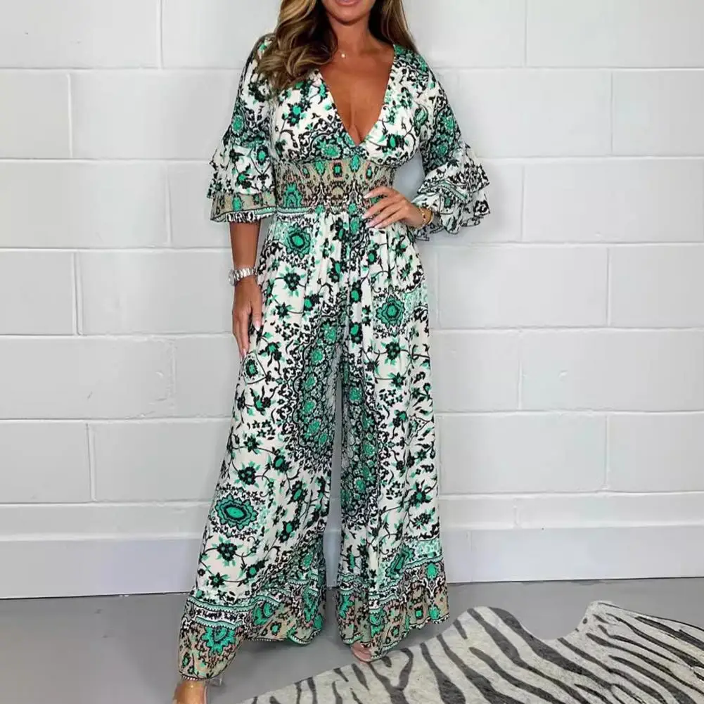 

Wide-leg Jumpsuit Bohemian Ethnic Print Women's Wide Leg Jumpsuit with Ruffle Patchwork V Neck Plus Size Mid Sleeve High Waist