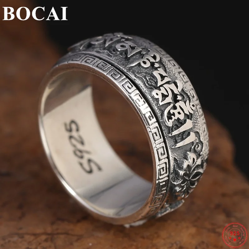 

BOCAI S925 Sterling Silver Ring for Men Women New Fashion Buddhist Six Characters Truth Rotatable Argentum Amulet Jewelry