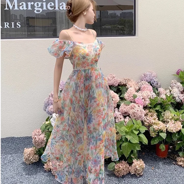 Vestido de mujer de manga larga con cuello en V hasta la rodilla estilo vacaciones en la playa vestido de cumpleaños con diseño sin espalda con estampado Floral de verano 2025 nuevo