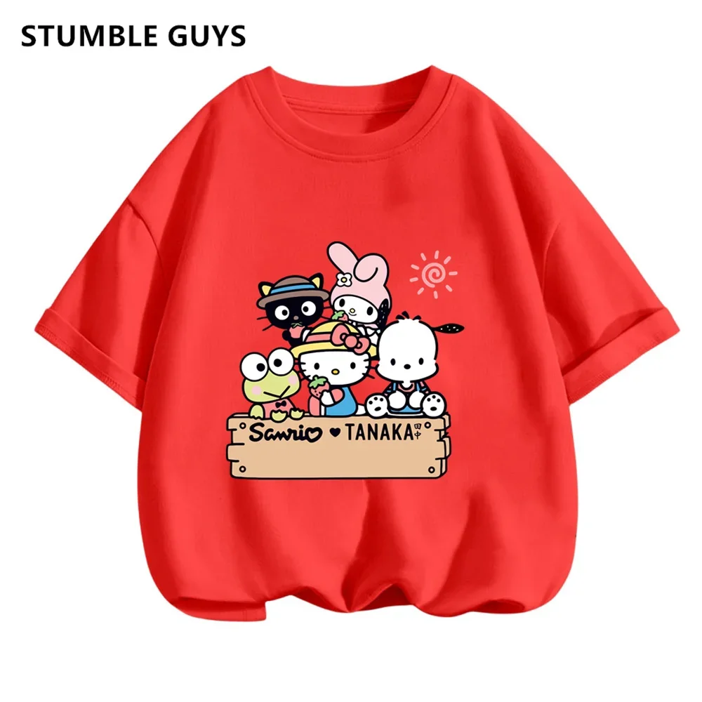 Cute Hello Kitty T-Shirt Set Kids Clothes Girls Summer Y2K Loose Short Sleeve Top Female Dark Print Sweet Harajuku Clothes