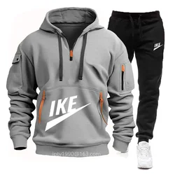 2024 autunno/inverno uomo fitness jogging set multi-cerniera design felpa con cappuccio a maniche lunghe + pantaloni sportivi casual set 2 pezzi