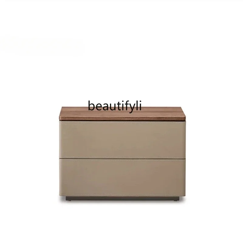 

S Italian-Style Light Luxury Saddle Leather Solid Wood Bedside Cabinet Modern Minimalist Bedroom Storage Double Commode