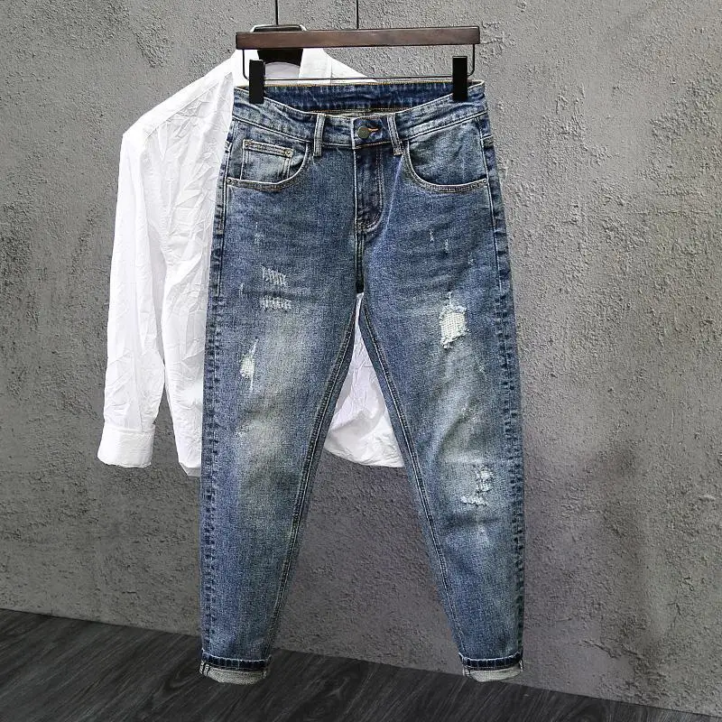 

Jeans Ripped Trendy High Street Men's Long Pants Men's Brand Knees 2025 New Spring Autumn Slim Feet Streetwear Men Blue Jeans