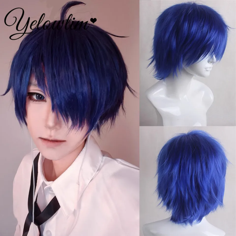 Unisex cosplayl Natural Short Straight Wigs Bangs Wigs Navy Blue-Ladies Blue Straight Short Hairstyles for Party Decor