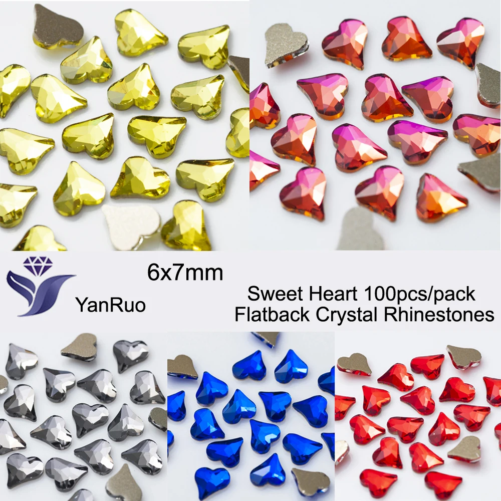 

YanRuo 100pcs 6x7mm Sweet Heart Multicolor Crystal Glass Strass Glitter Flatback 3D Accessories Rhinestones Nail Art Decorations