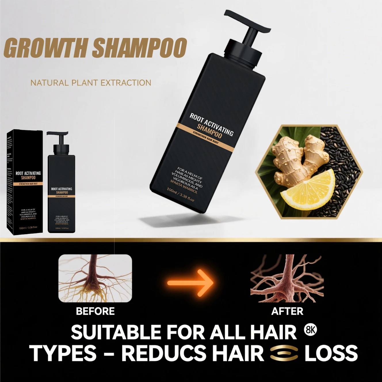 

Natural Root Activating Shampoo - With Ginger & Herbal Extracts - Reduces Hair Loss & Strengthens Roots - 100ml 2025 new.