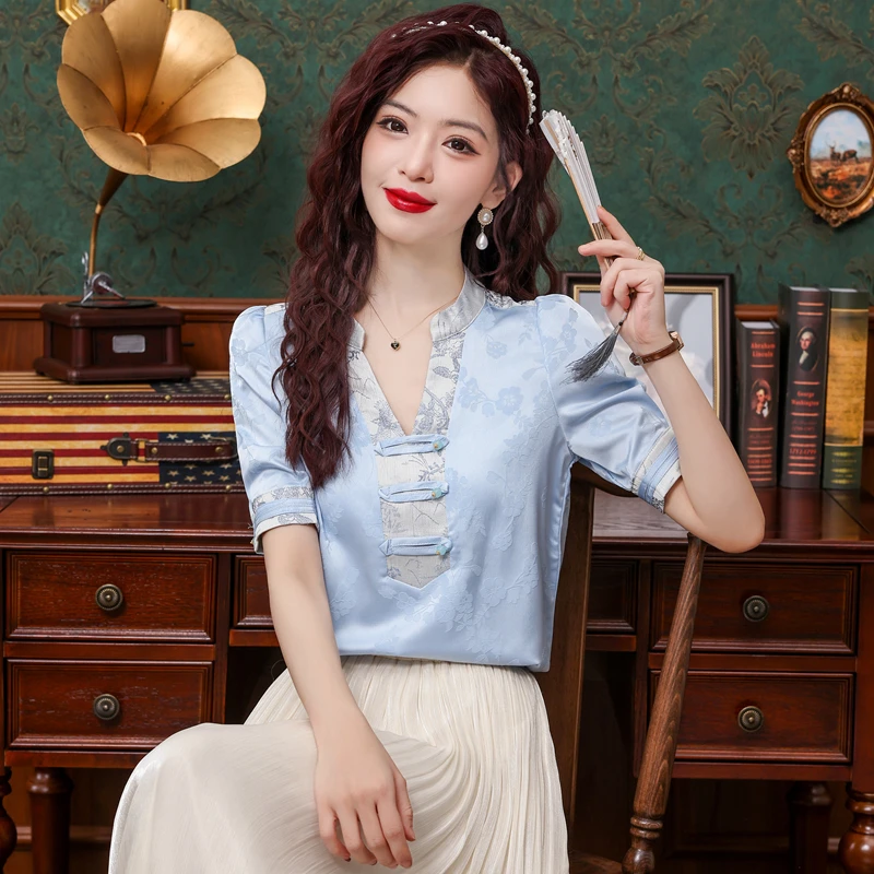 Satin Chinese Style Women\'s Shirt Summer Silk Vintage Blouses Loose Short Sleeves Women Tops V-necks Fashion Clothing