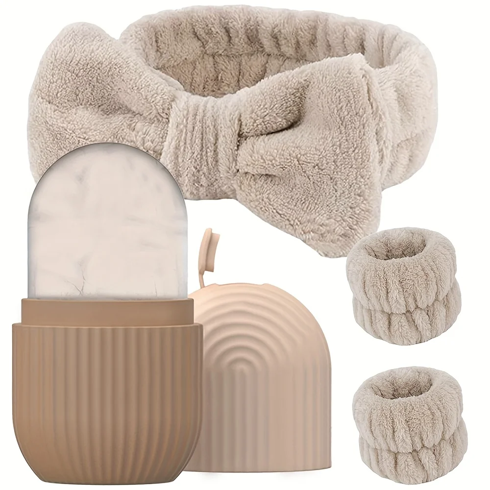 مجموعة مدلك الوجه من السيليكون المكونة من 4 قطع من AA، مع عصابة رأس وسوار معصم، للعناية ببشرة الوجه والعناية بالعين، أداة تبريد #1