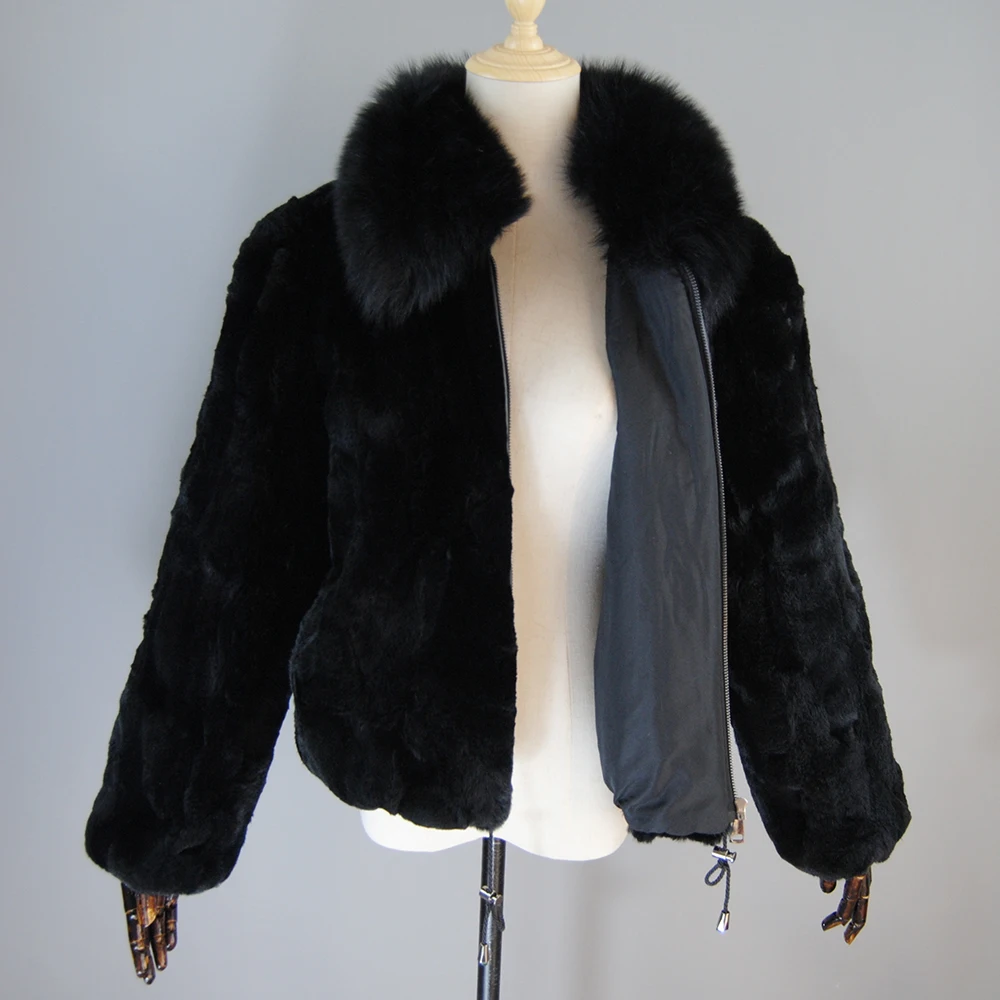 Hot Sale Mulheres Inverno Grosso Quente Qualidade Macia Real Rex Rabbit Fur Coat Rex Rabbit Fur Jacket Com Real Fox Fur Collar Overcoat
