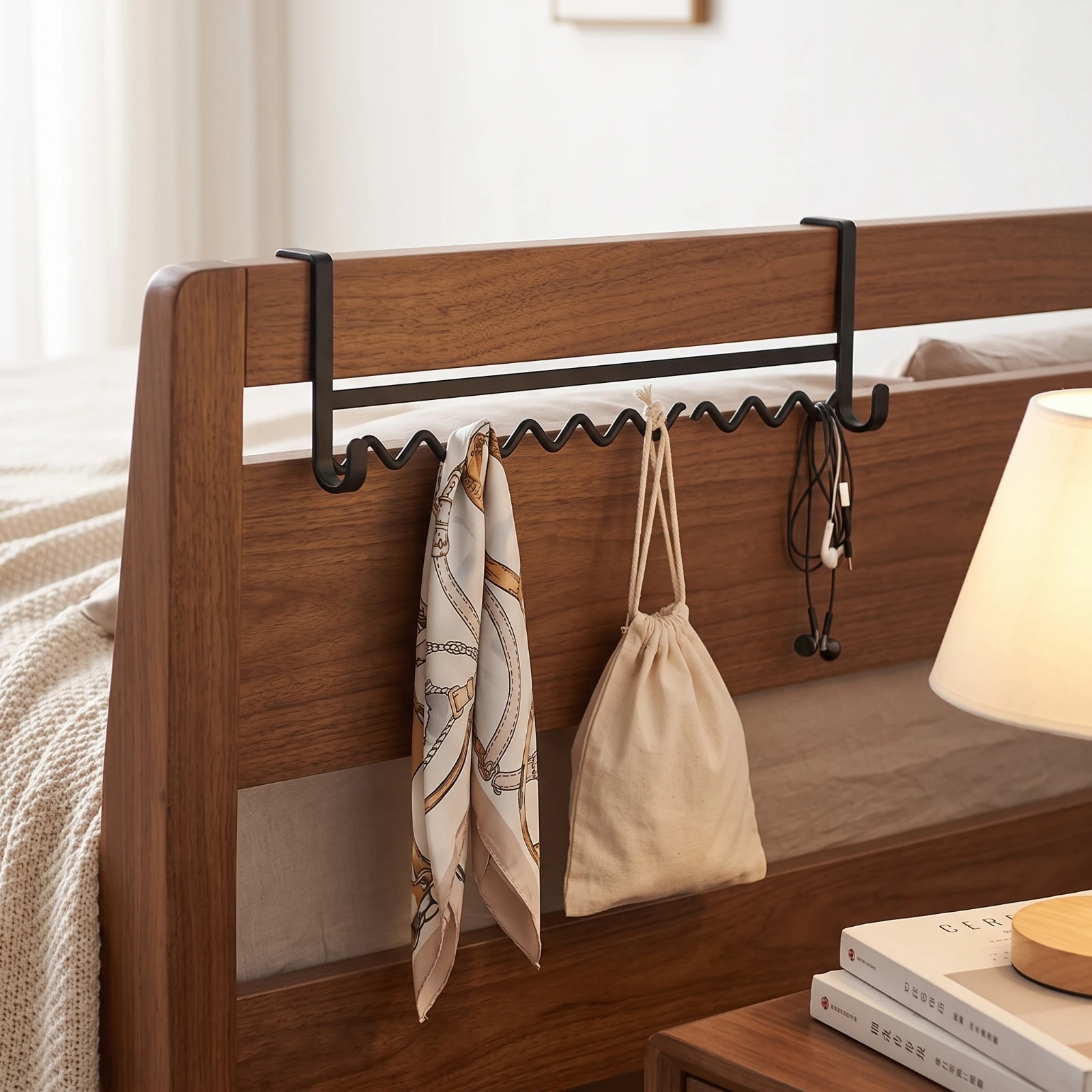 Bedside Hanging Rack Space-Saving Bed Rail Hanger Wave Hanging Rack Compact Organizer Slim for Students, Bunk Beds, Dorm Rooms view 2