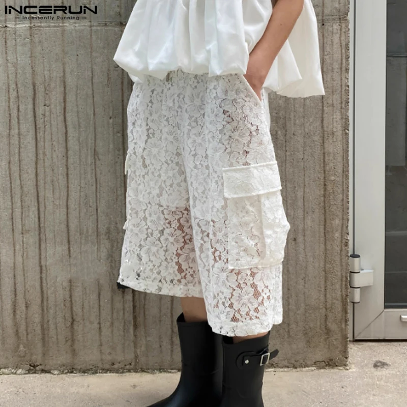 Мужские кружевные шорты, повседневные штаны INCERUN, свободные летние шорты, брюки, уличная одежда, модные мужские прозрачные шорты, мужская одежда