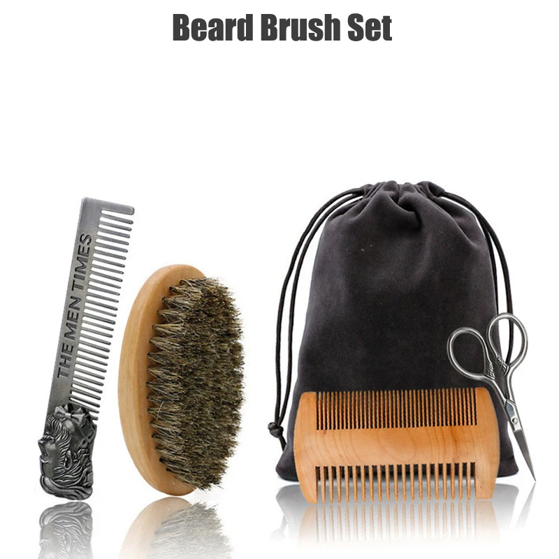 

4PCS Soft Boar Bristle Beard Brush Set Hairdresser Shaving Brush Comb for Men Mustache Comb Kit Beard Scissors With Gift Bag