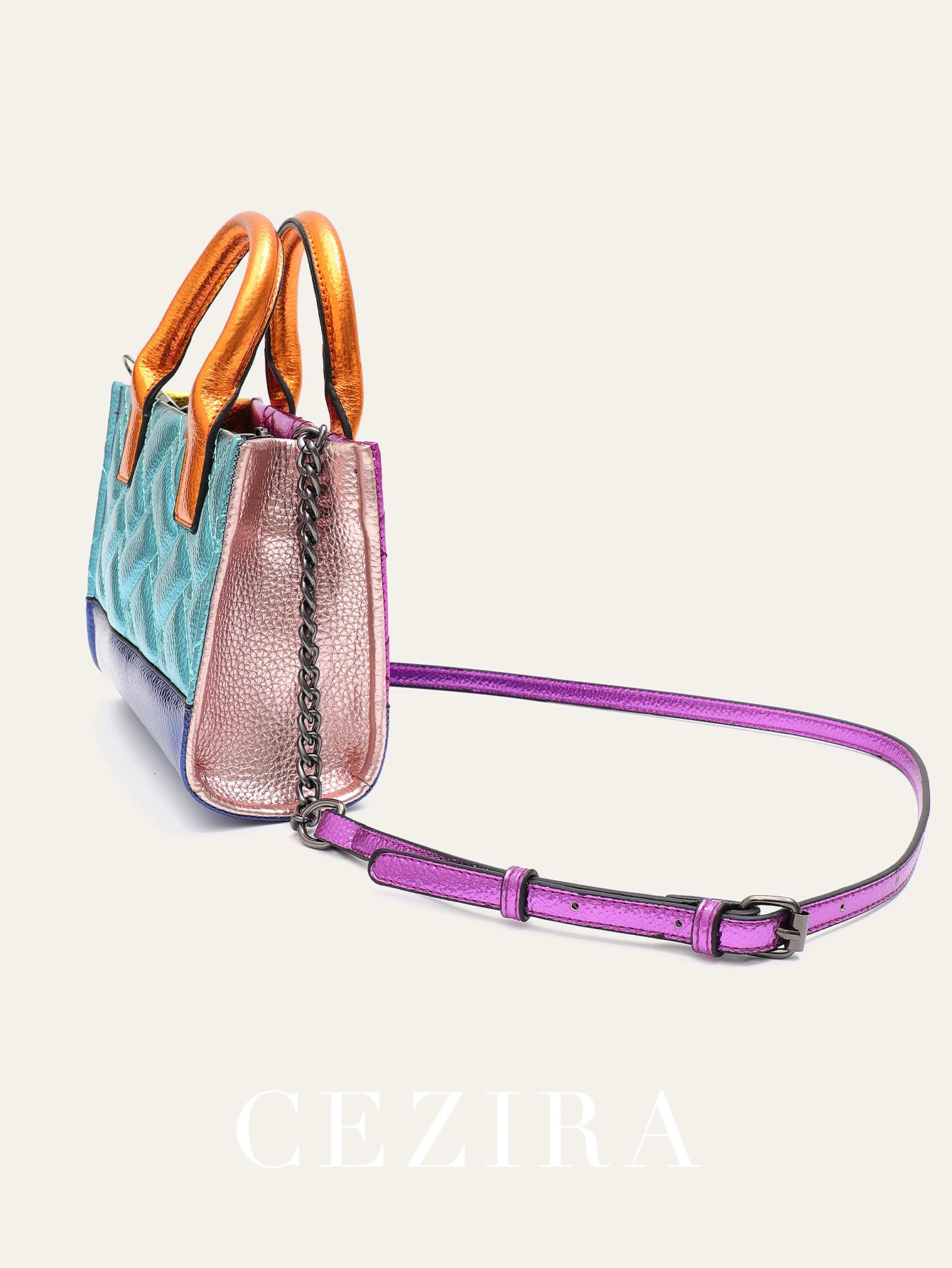 CEZIRA Women\'s Fashion Metallic Contrast Color PU Leather Handbag Two Sides Thread Top-handle Tote Adjustable Strap Shoulder Bag