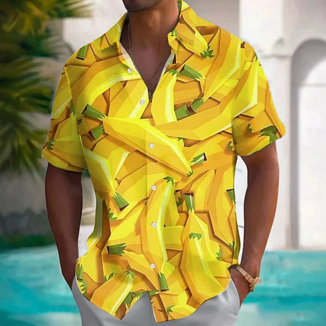 Summer Men's Lapel Shirt Fruit Print Banana Print Beach Casual Fashion Short Sleeve Tops Hawaiian Style OverSize Men's Clothing